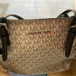 Michael Kors Jet Set Monogram Signature Logo Tote silver and black